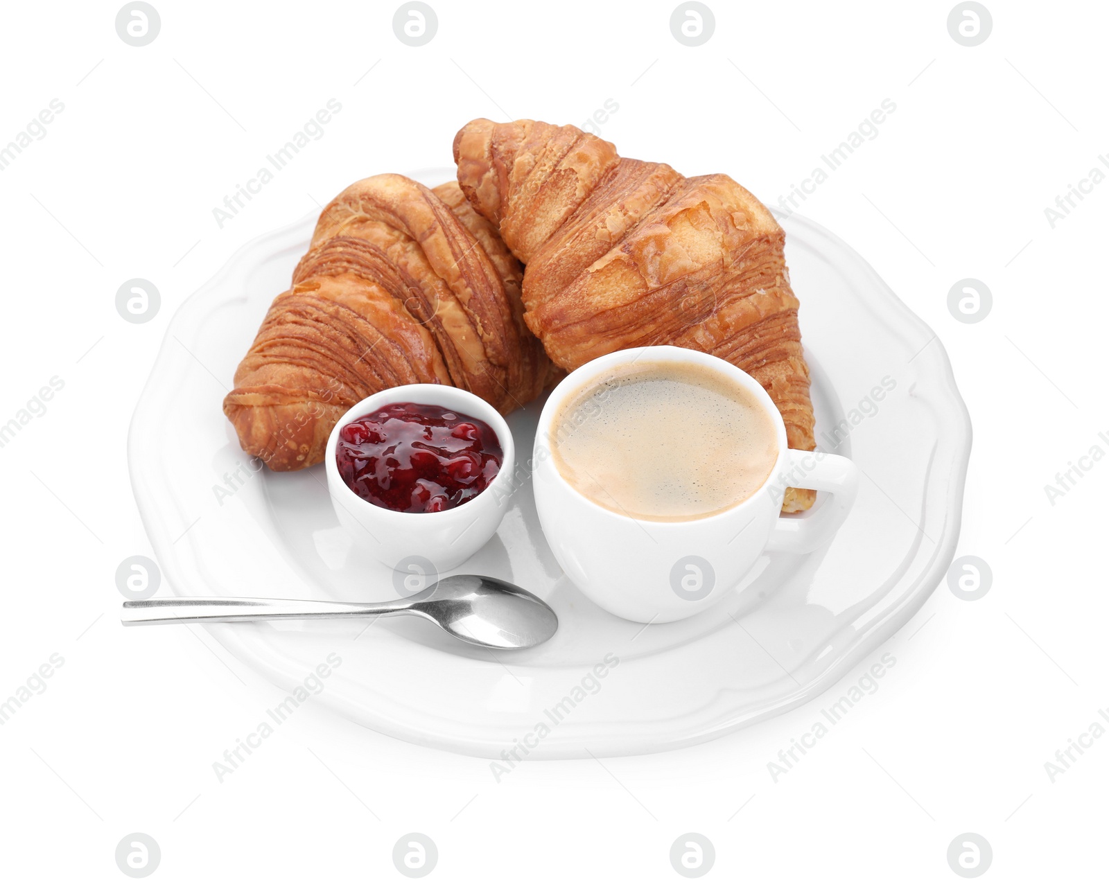 Photo of Tasty breakfast. Cup of coffee, jam and fresh croissants isolated on white