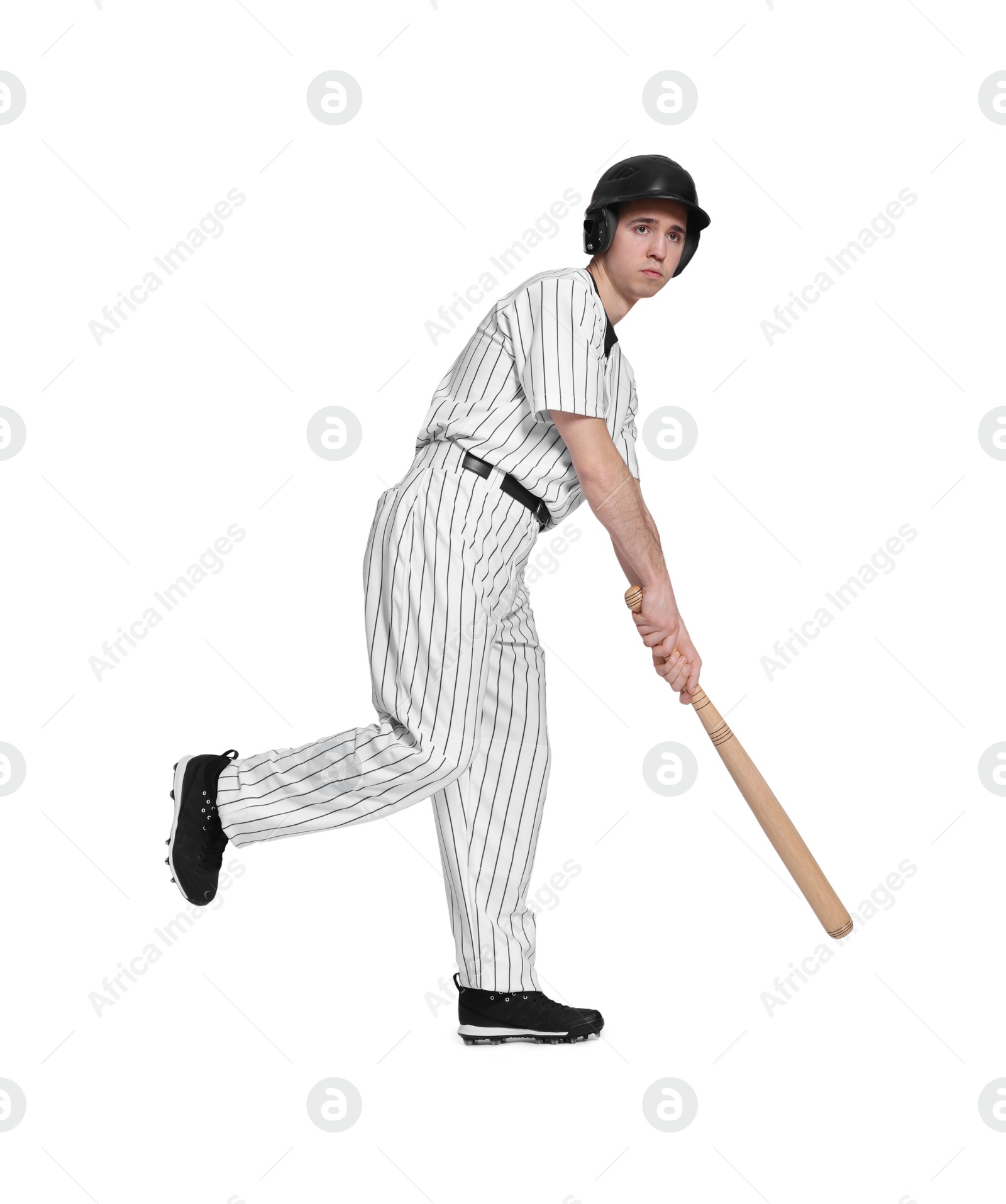 Photo of Baseball player with bat on white background, low angle view