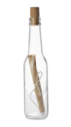 Photo of Message in corked glass bottle isolated on white