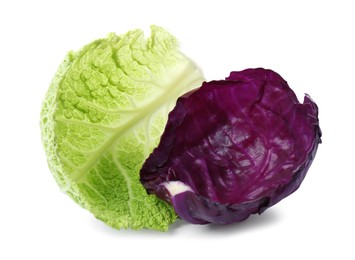 Photo of Two different cabbage leaves on white background