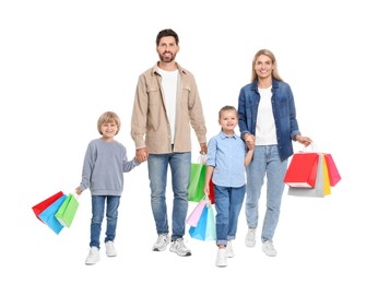 Family shopping. Happy parents and children with many colorful bags on white background