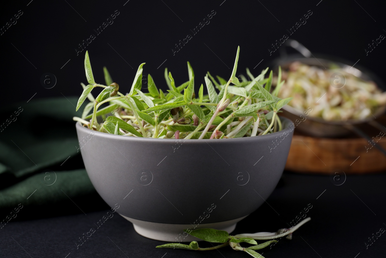 Photo of Mung bean sprouts in bowl on black table, closeup