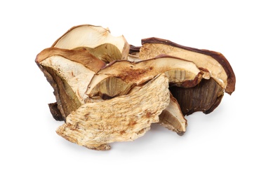 Photo of Slices of dried mushrooms on white background