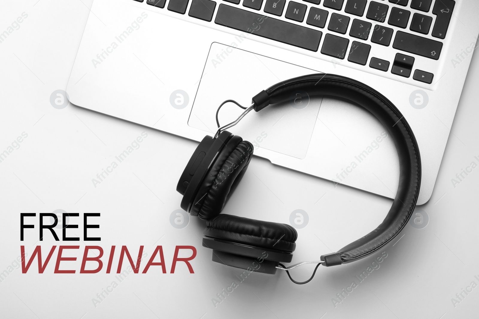 Image of FREE WEBINAR. Modern headphones and laptop on white background, flat lay