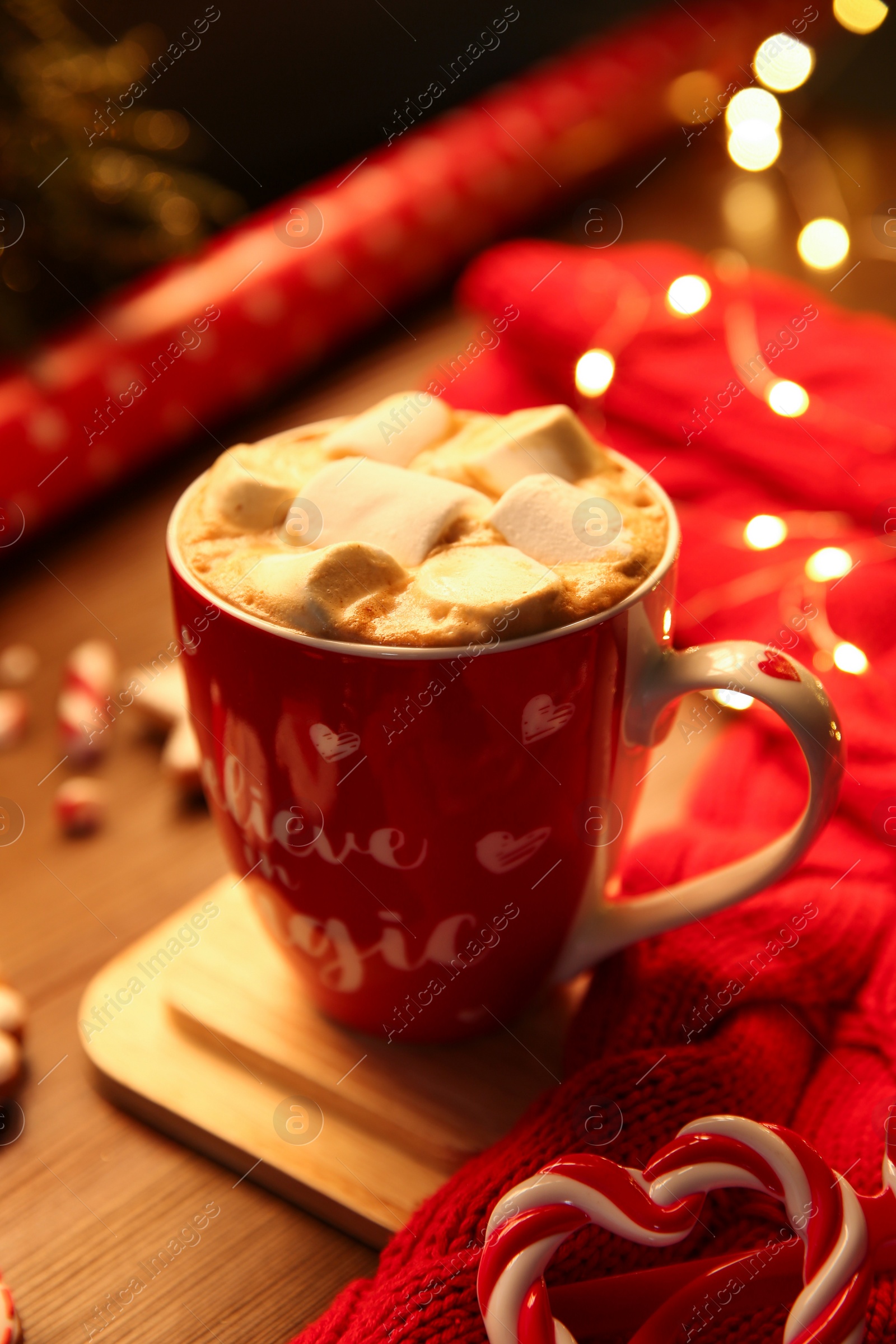 Photo of Tasty hot drink with marshmallows. Christmas atmosphere