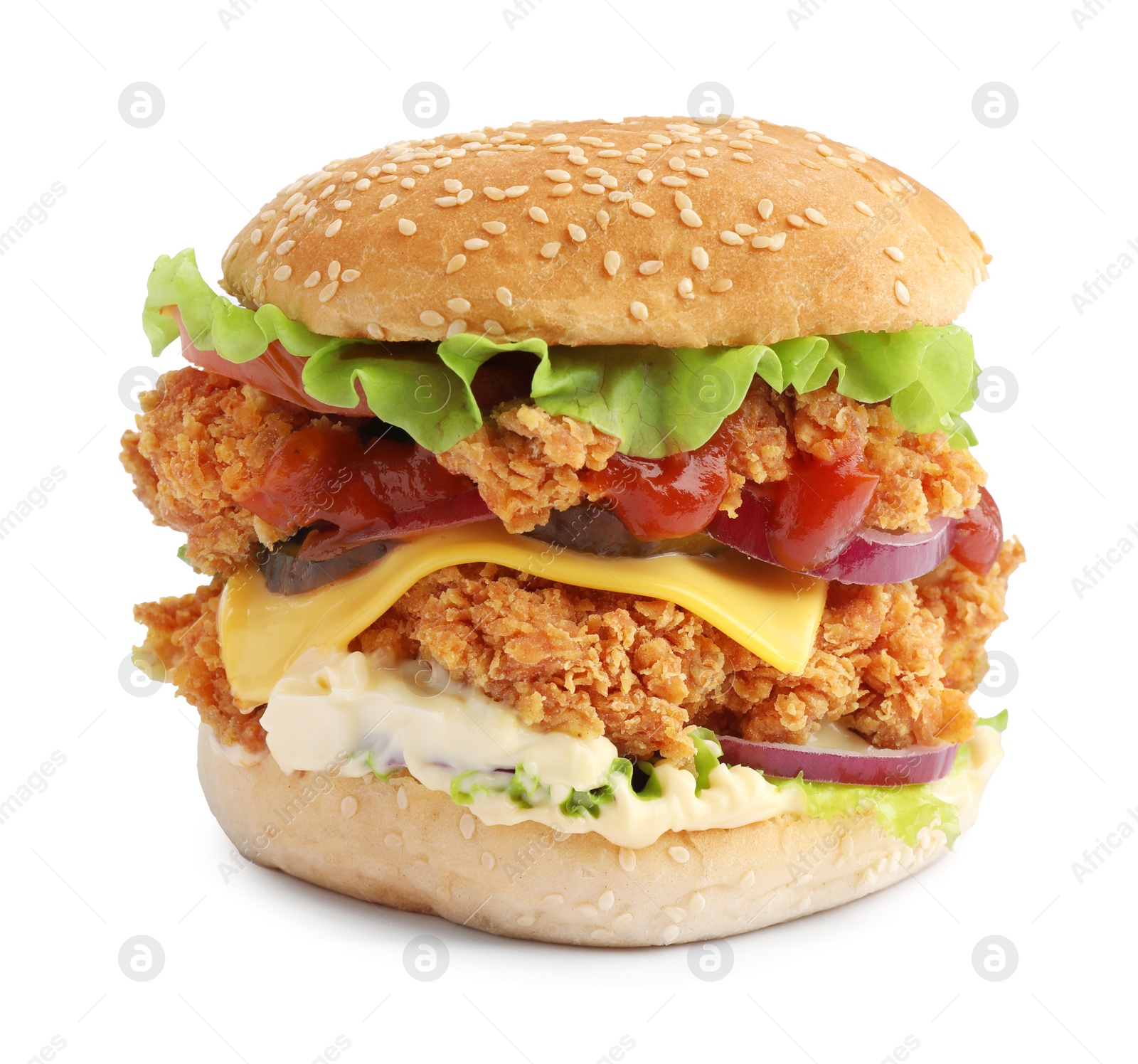 Photo of Delicious burger with crispy chicken patty isolated on white