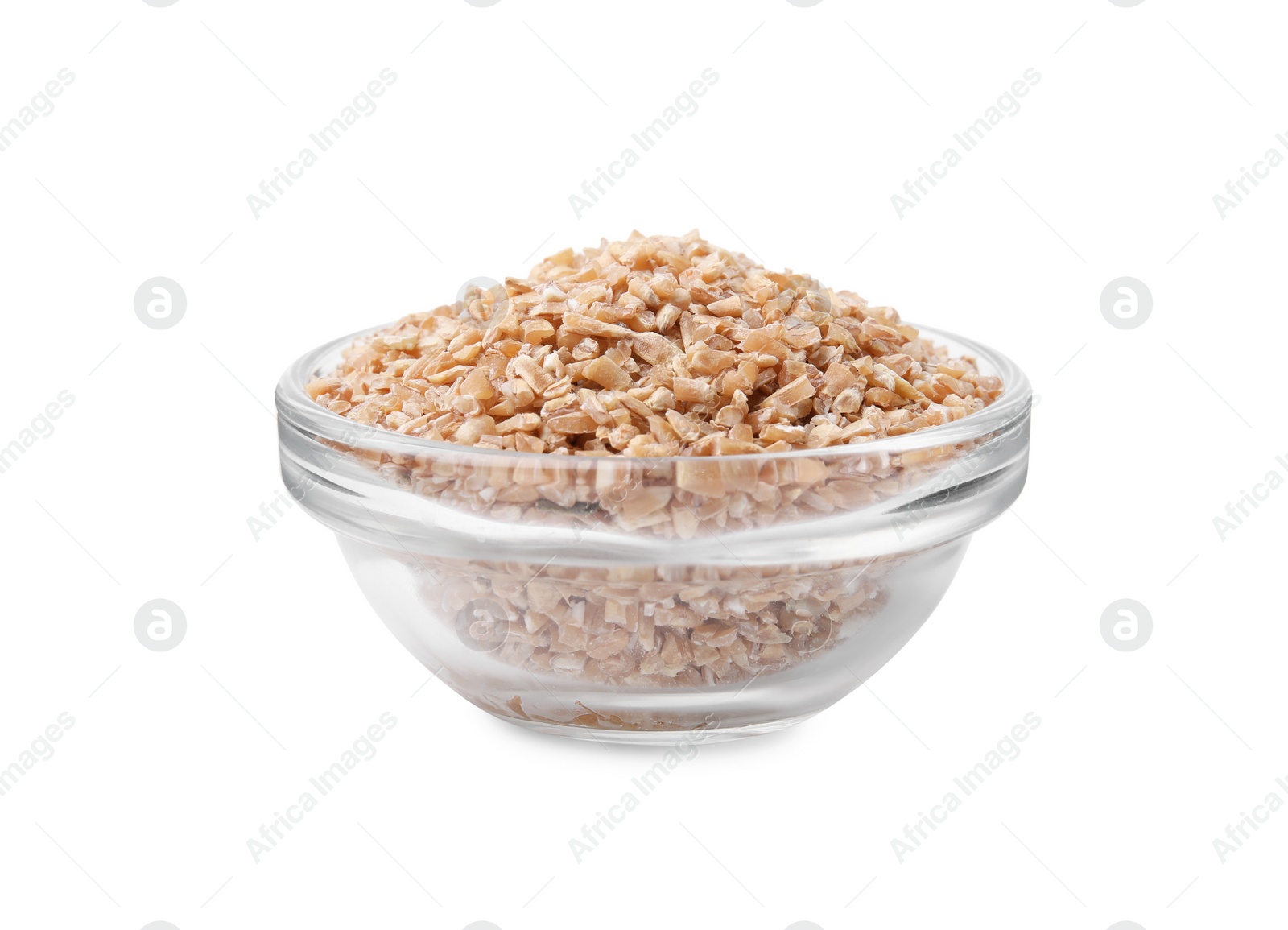 Photo of Dry wheat groats in glass bowl isolated on white