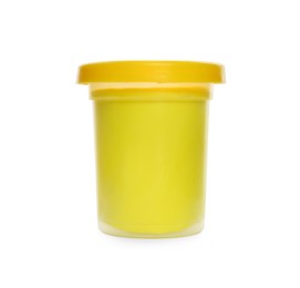 Photo of Plastic container with color play dough isolated on white