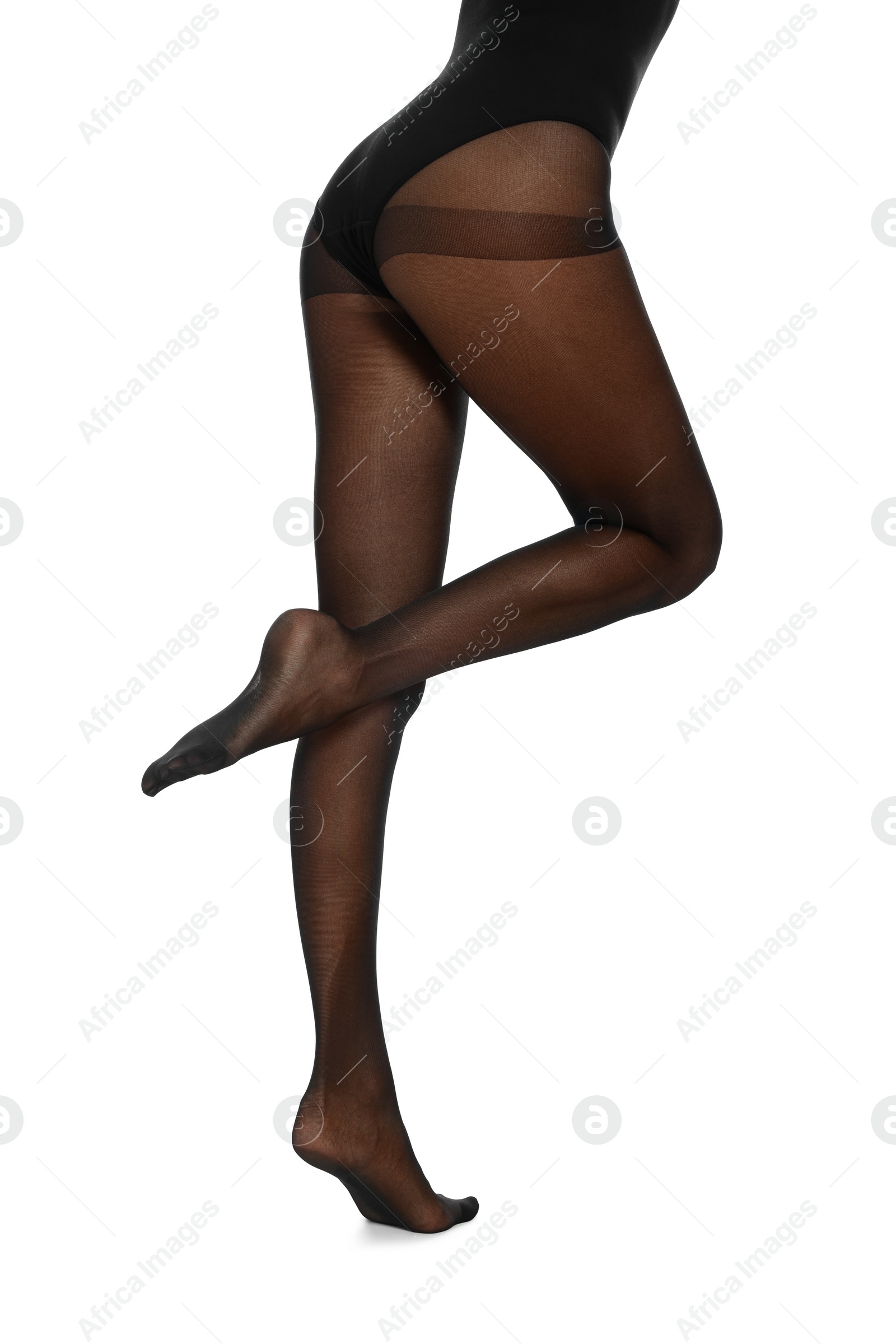 Photo of Woman wearing black tights on white background, closeup