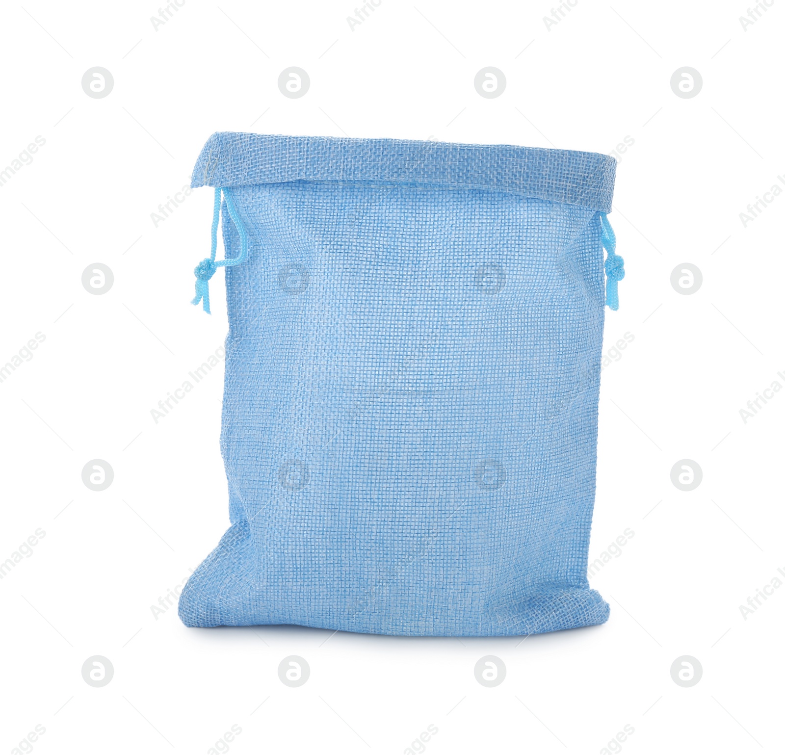 Photo of One light blue burlap bag isolated on white