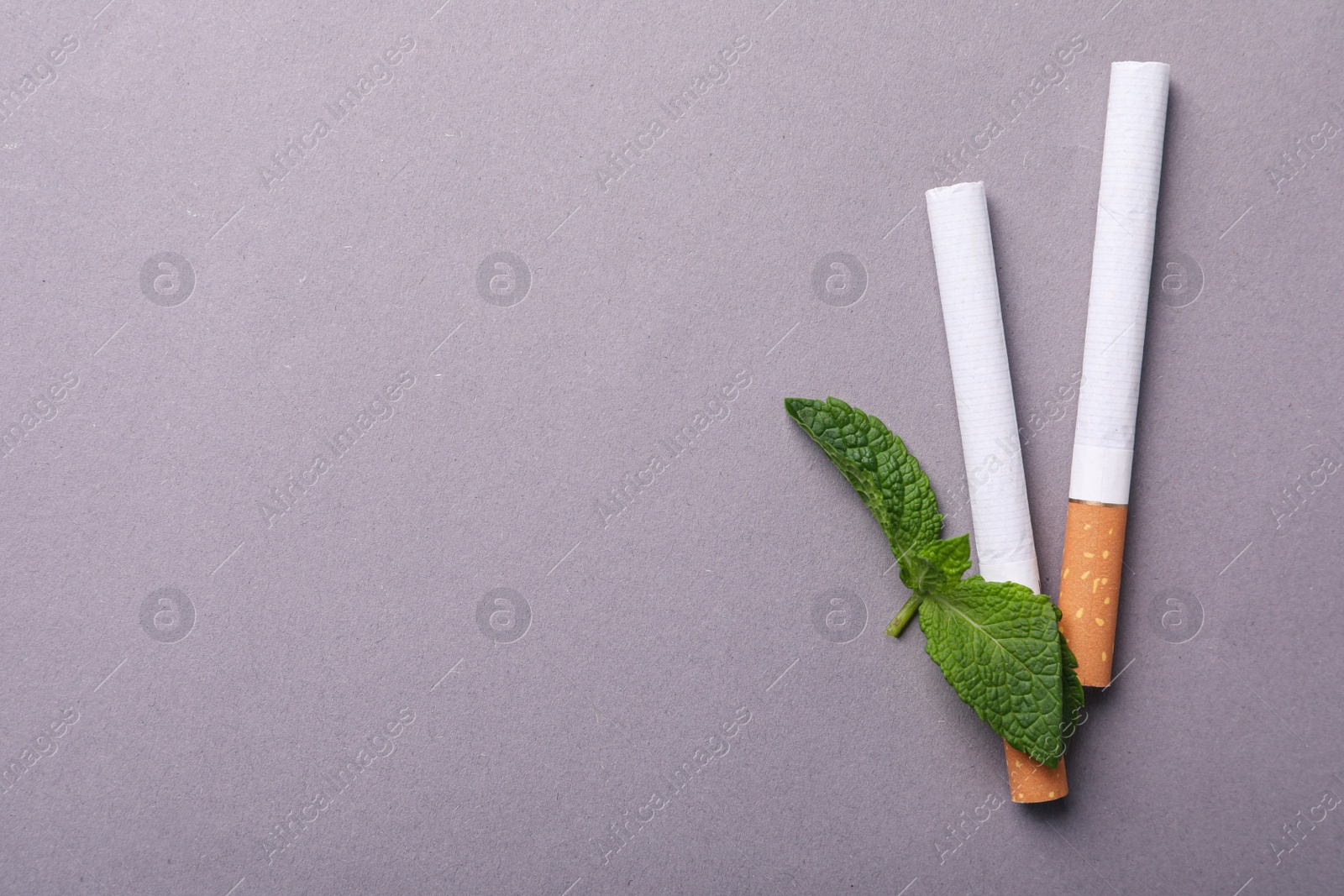 Photo of Menthol cigarettes and mint leaves on grey background, flat lay. Space for text