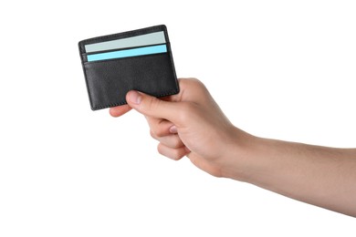 Photo of Man holding leather business card holder with colorful cards on white background, closeup