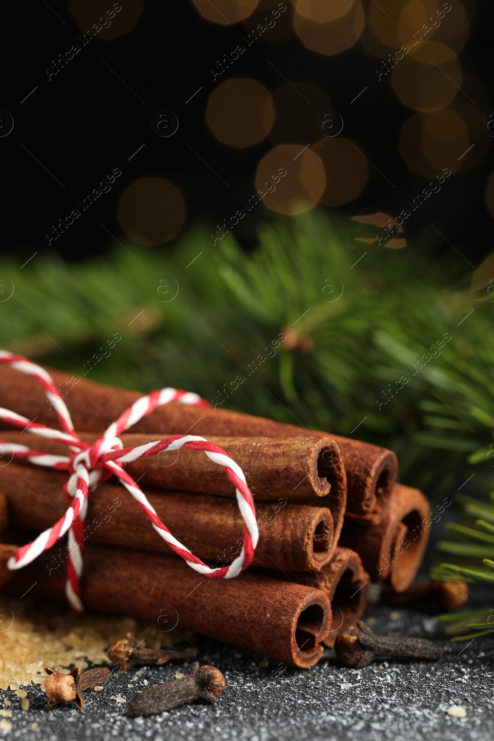 Photo of Different aromatic spices and fir branches on grey textured table, closeup