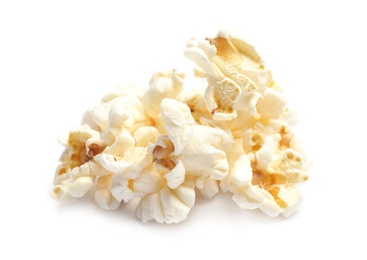 Photo of Pile of delicious fresh popcorn on white background