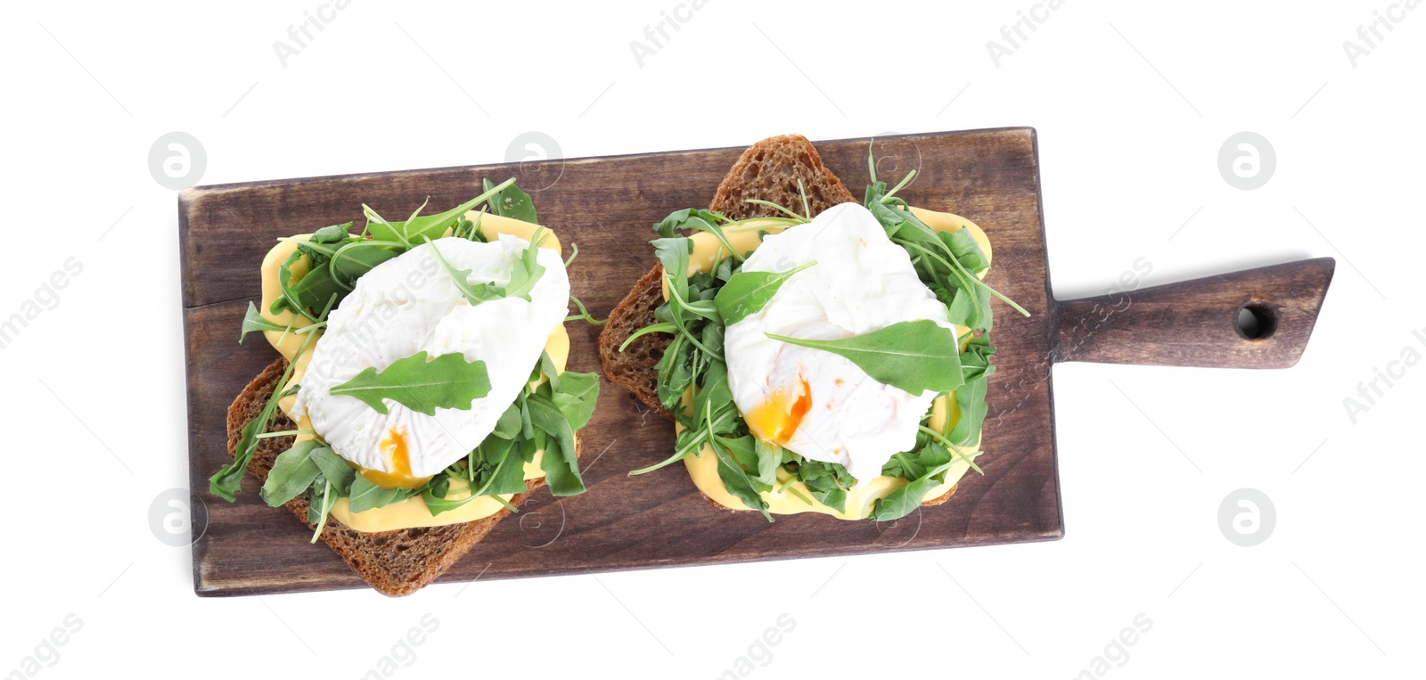 Photo of Delicious sandwich with arugula and egg isolated on white, top view