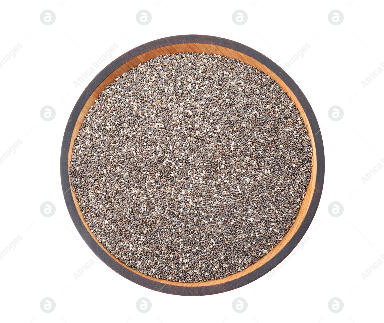 Photo of Bowl with chia seeds isolated on white, top view