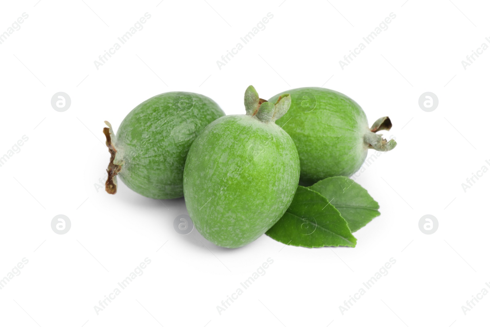 Photo of Fresh feijoa fruits with leaves on white background