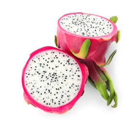Photo of Halves of delicious ripe dragon fruit (pitahaya) on white background, above view