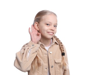 Photo of Cute little girl showing hand to ear gesture on white background