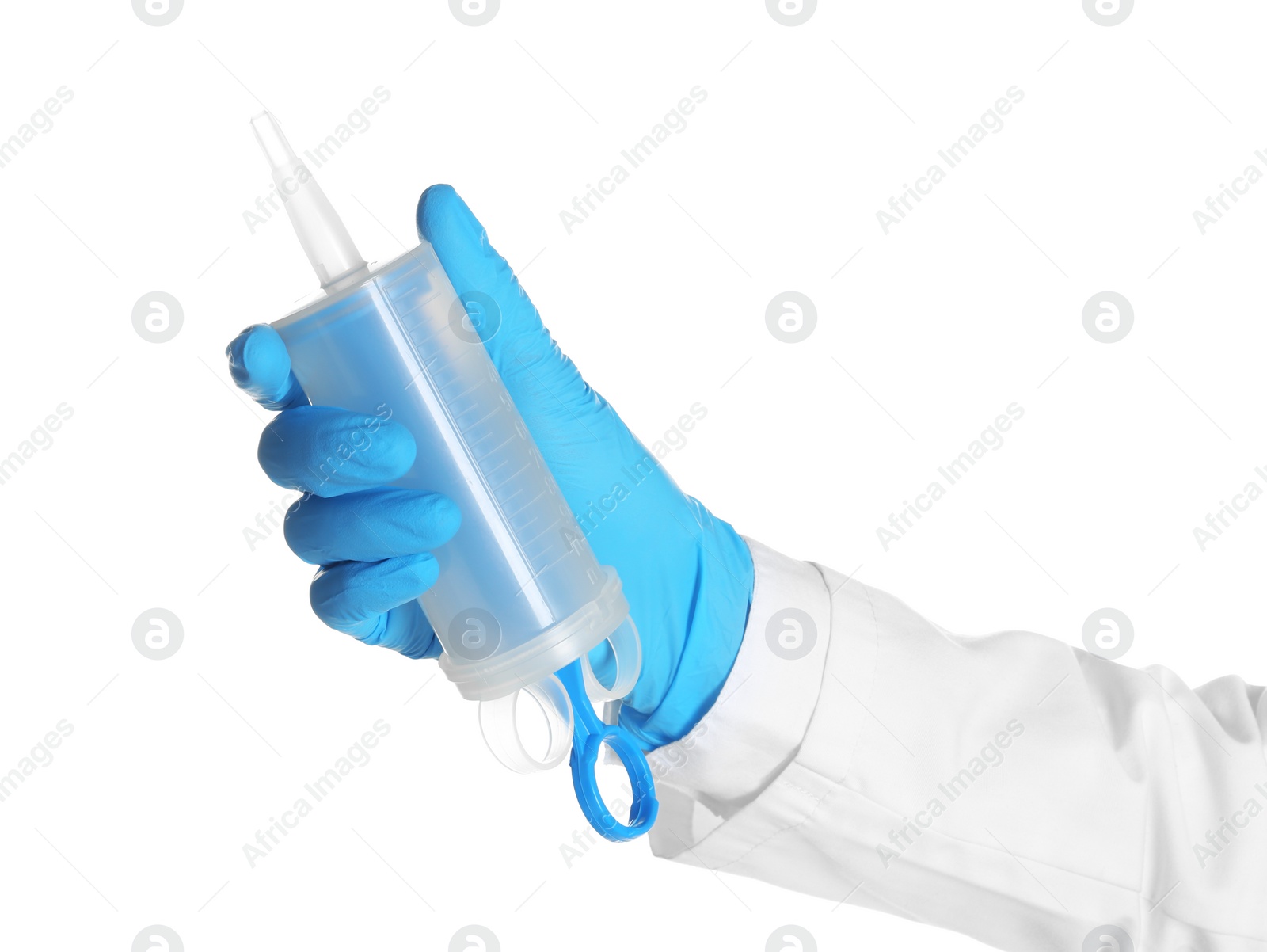 Photo of Doctor in medical glove holding large empty syringe on white background