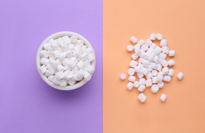 Photo of Delicious marshmallows on color background, flat lay