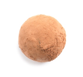 Delicious raw chocolate truffle on white background