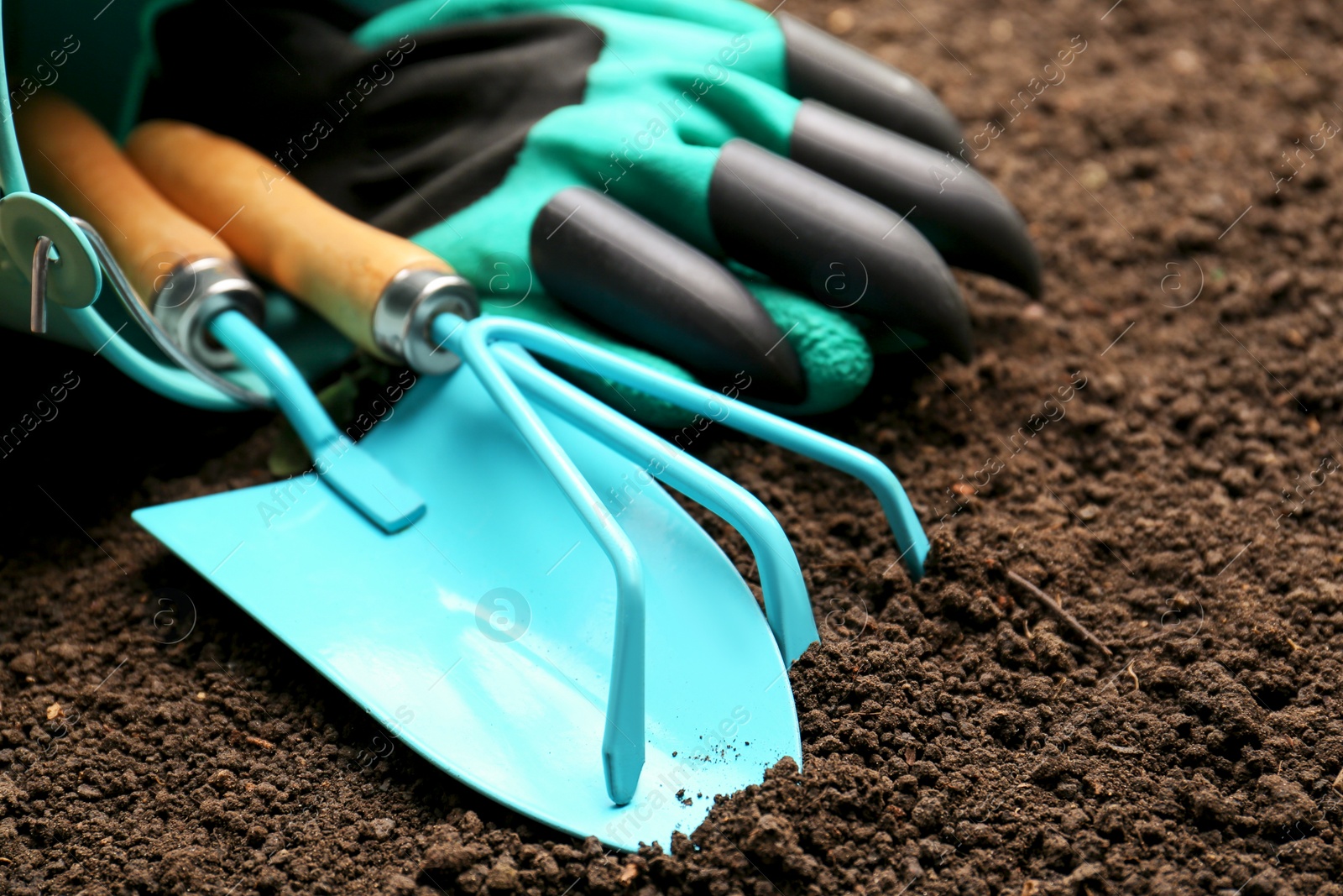 Photo of Overturned bucket with gardening tools and gloves on fresh soil, closeup
