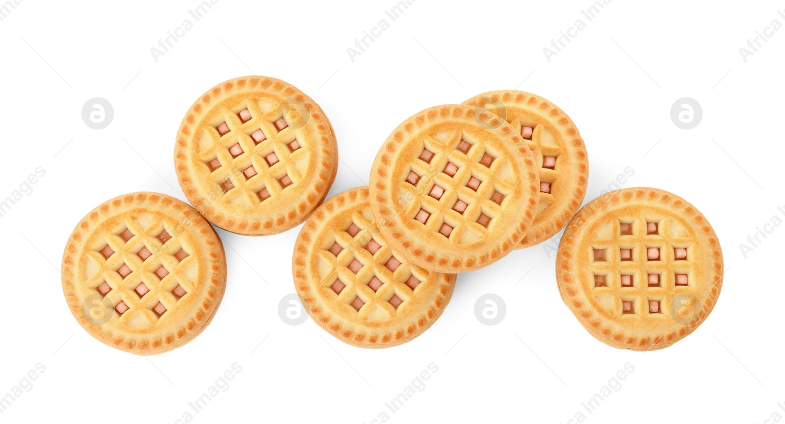 Photo of Tasty sandwich cookies with cream isolated on white, top view