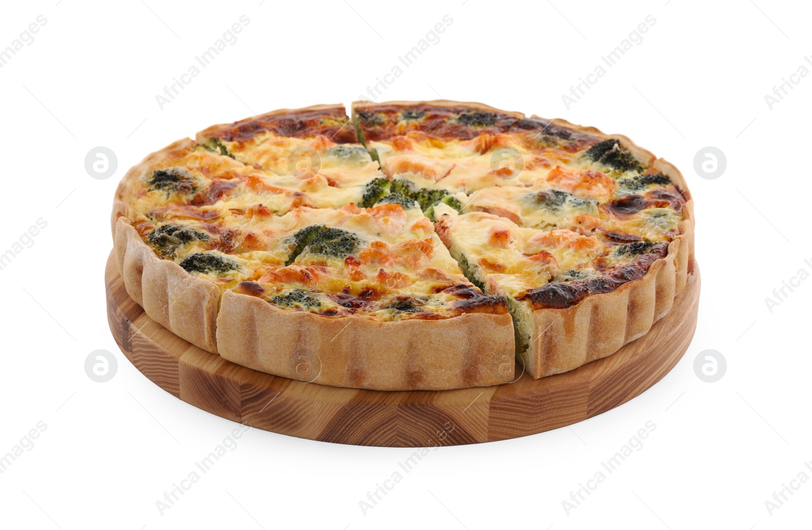 Photo of Delicious homemade quiche with salmon and broccoli isolated on white