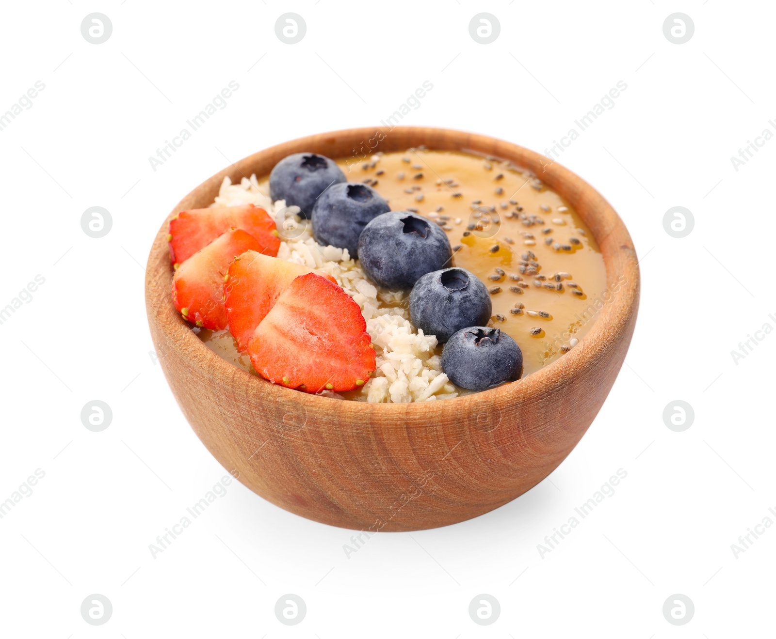 Photo of Delicious smoothie bowl with fresh berries, chia seeds and coconut flakes on white background