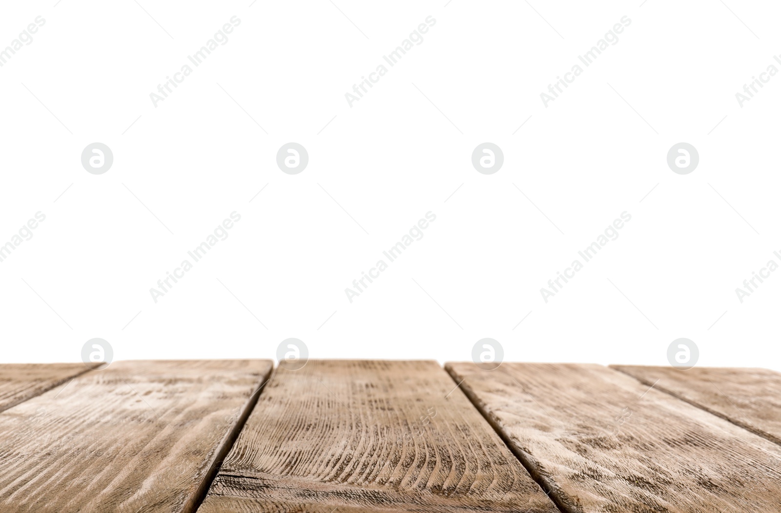 Photo of Empty wooden table surface on white background