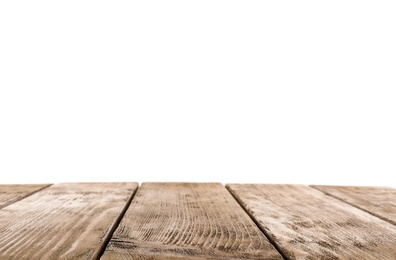 Photo of Empty wooden table surface on white background