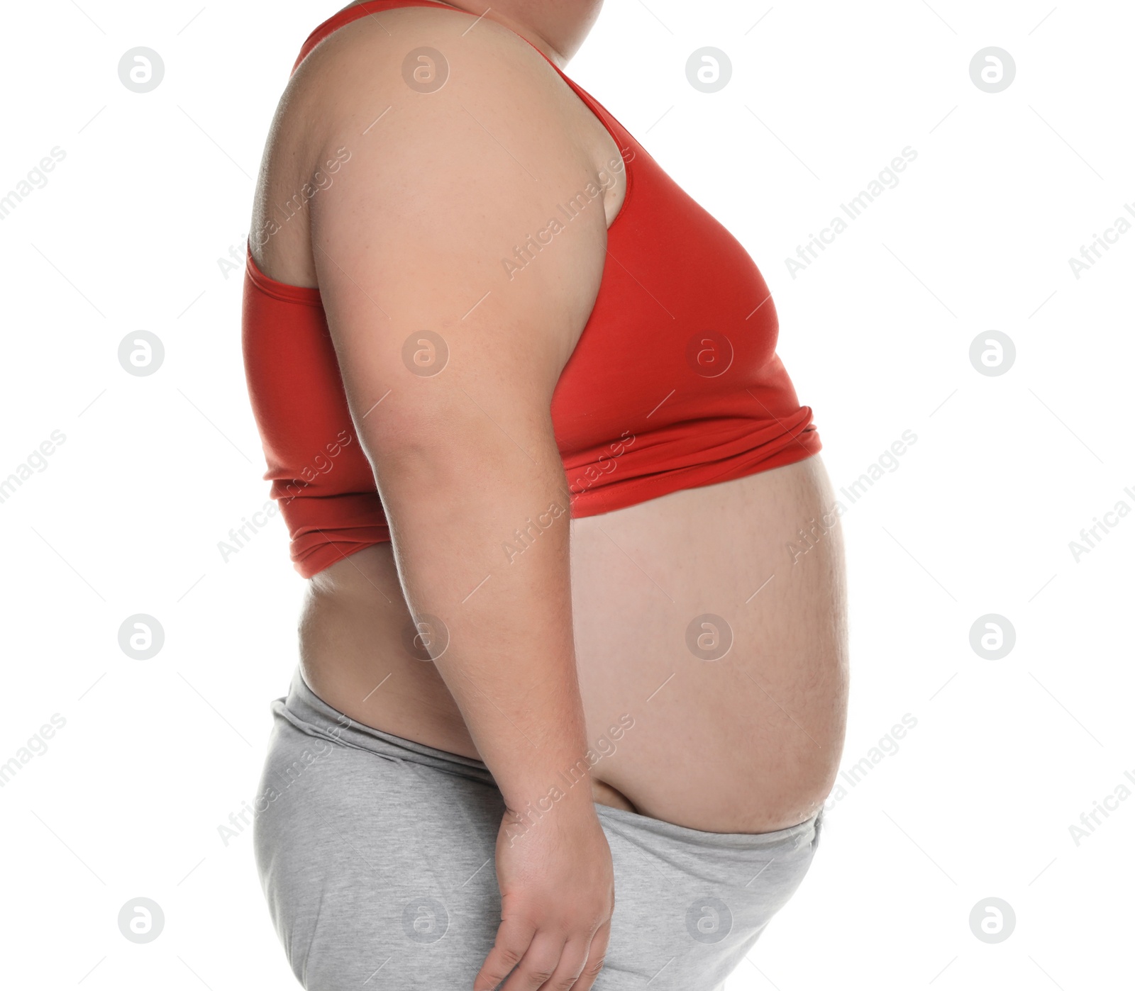 Photo of Overweight man posing on white background, closeup