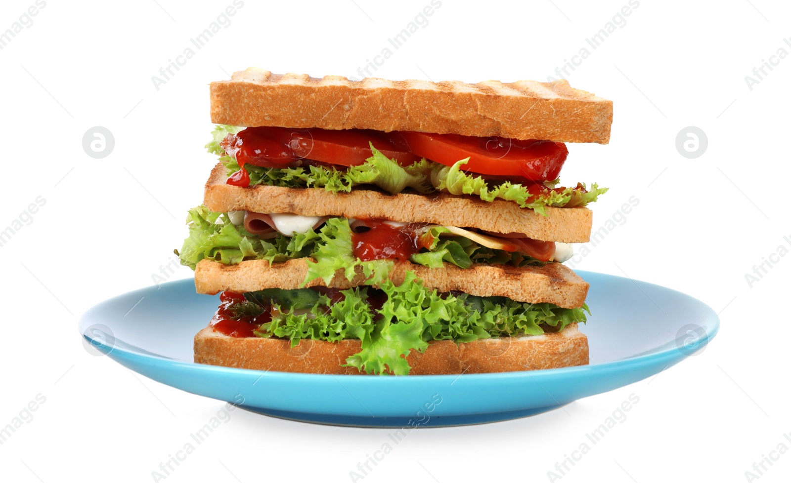 Photo of Yummy sandwich with toasted bread isolated on white