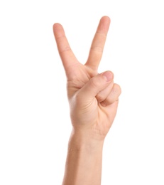 Man showing two fingers on white background, closeup of hand