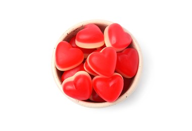 Photo of Bowl with sweet heart shaped jelly candies isolated on white, top view