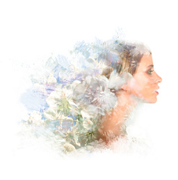 Double exposure of beautiful woman and blooming flowers