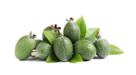 Photo of Pile of feijoas and leaves on white background
