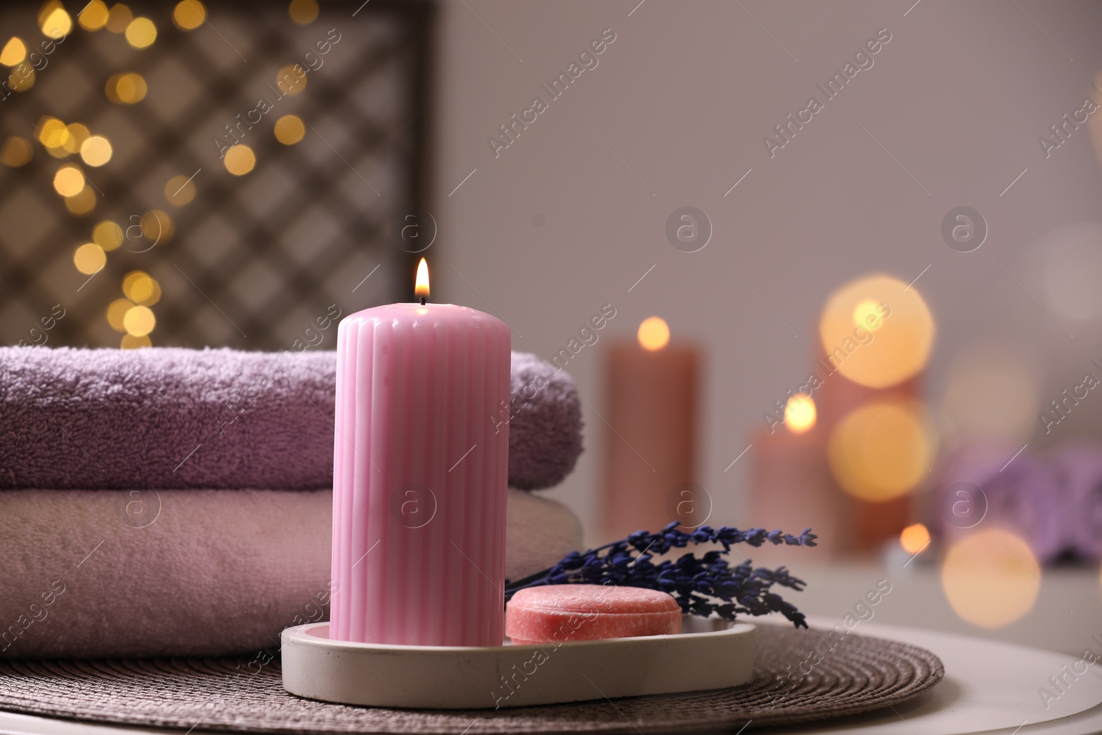 Photo of Beautiful composition with different spa products on table indoors