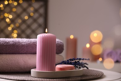 Beautiful composition with different spa products on table indoors