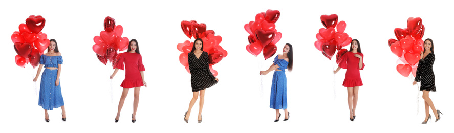 Collage of happy young woman with heart shaped balloons on white background. Banner design