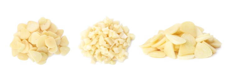 Set of cut garlic on white background. Banner design