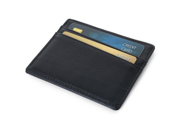 Black card holder with plastic credit cards isolated on white