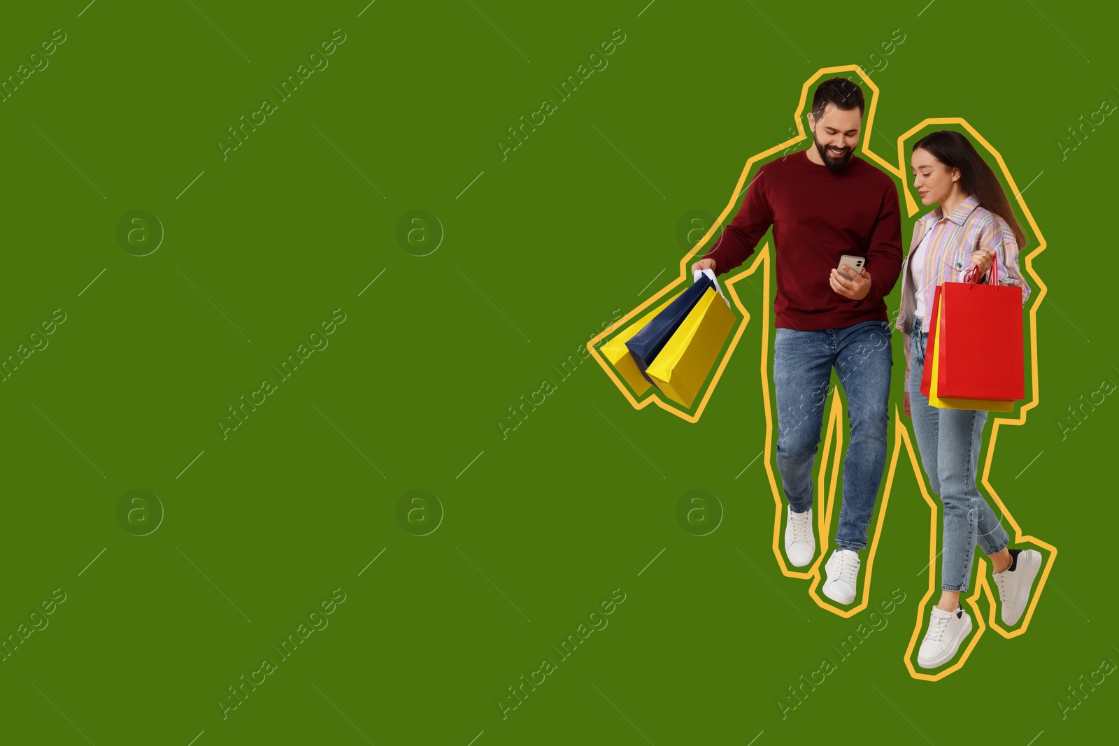 Image of Happy couple with shopping bags looking at smartphone and jumping on green background, space for text