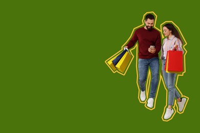 Happy couple with shopping bags looking at smartphone and jumping on green background, space for text