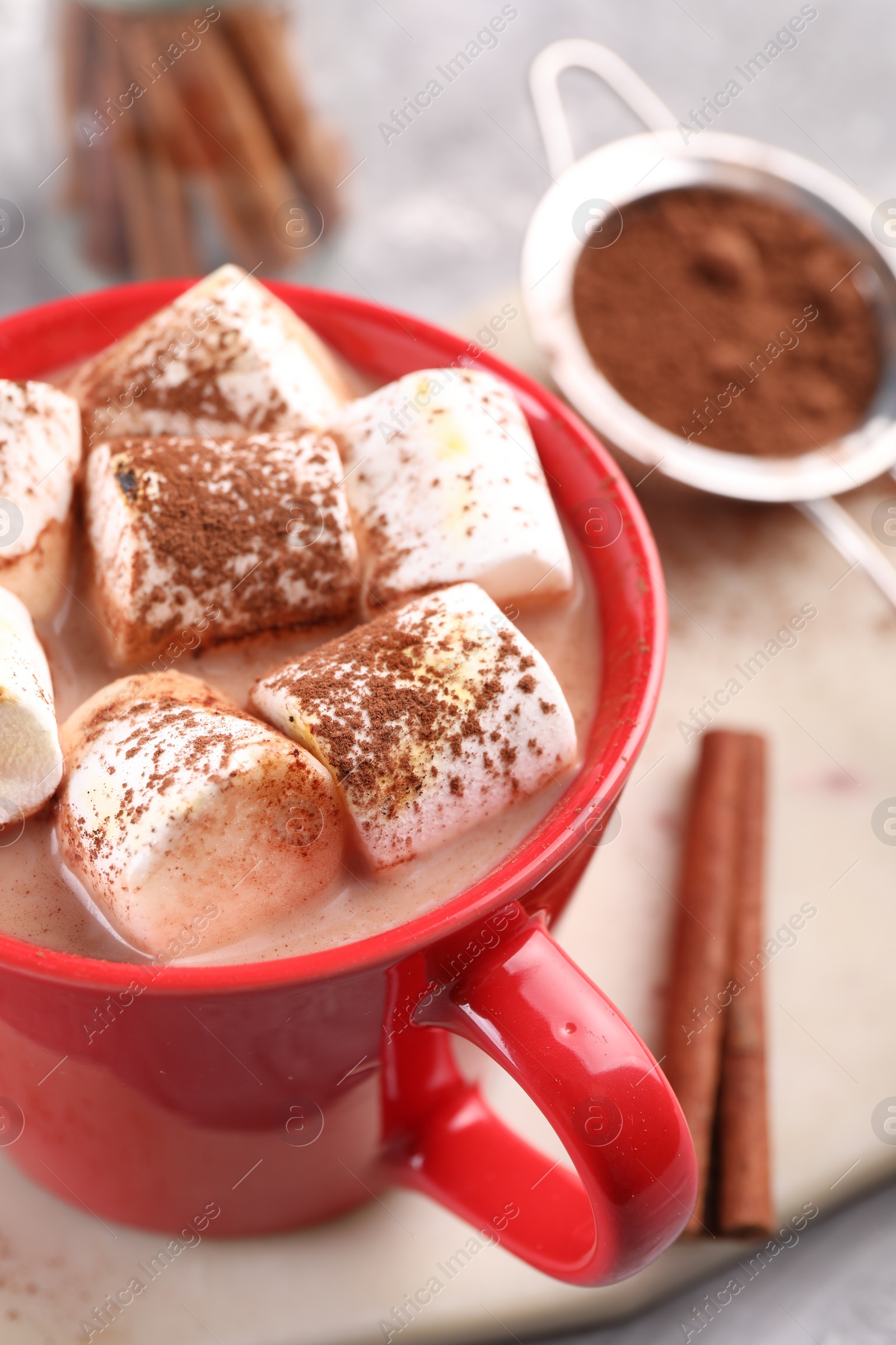 Photo of Cup of aromatic hot chocolate with marshmallows and cocoa powder on table, closeup