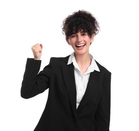 Photo of Beautiful happy businesswoman in suit on white background