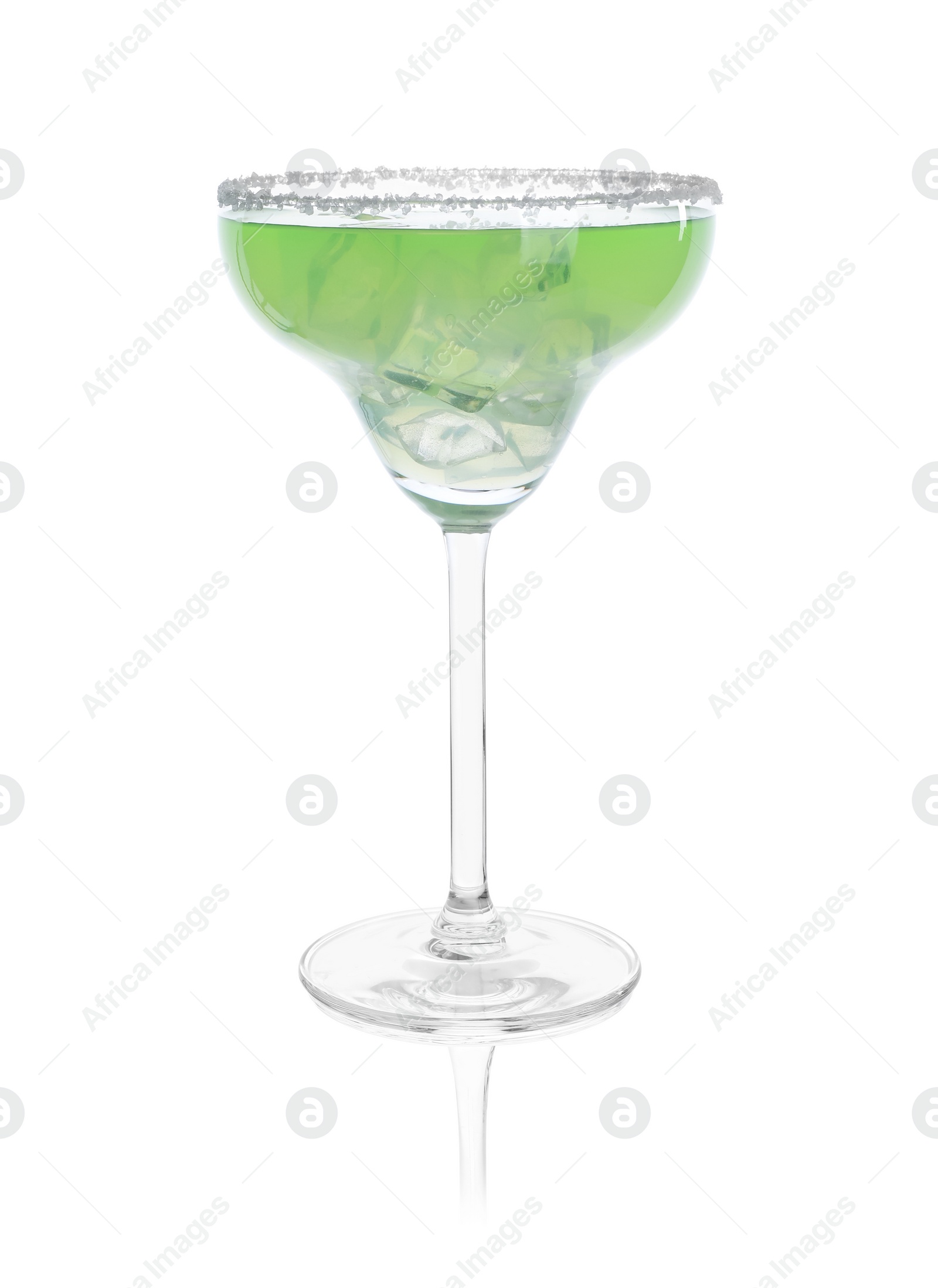 Photo of Delicious Margarita cocktail with ice cubes in glass isolated on white