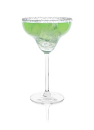 Photo of Delicious Margarita cocktail with ice cubes in glass isolated on white