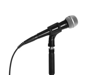 Photo of Stand with modern microphone on white background